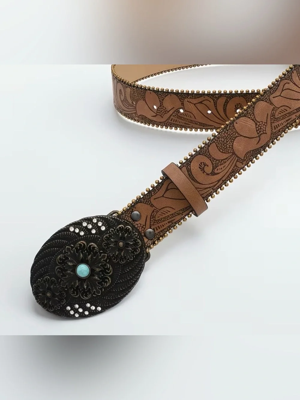 Western Floral Tooled Brown PU Leather Belt with Turquoise Accent